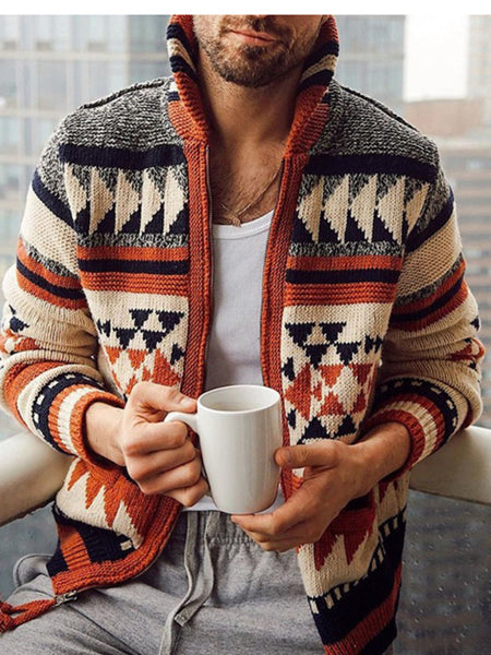 Men's Long Sleeve Lapel Outer Sweater Embroidered Stand Collar Zip Sweater