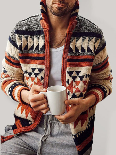 Men's Long Sleeve Lapel Outer Sweater Embroidered Stand Collar Zip Sweater