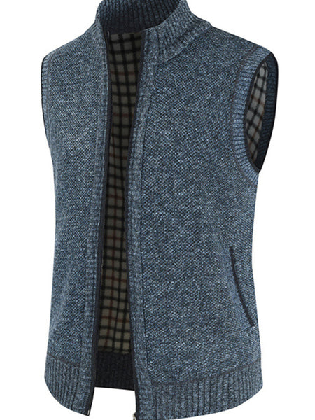 Men's Zip Vest Solid Color Stand Collar Sleeveless Knit Cardigan