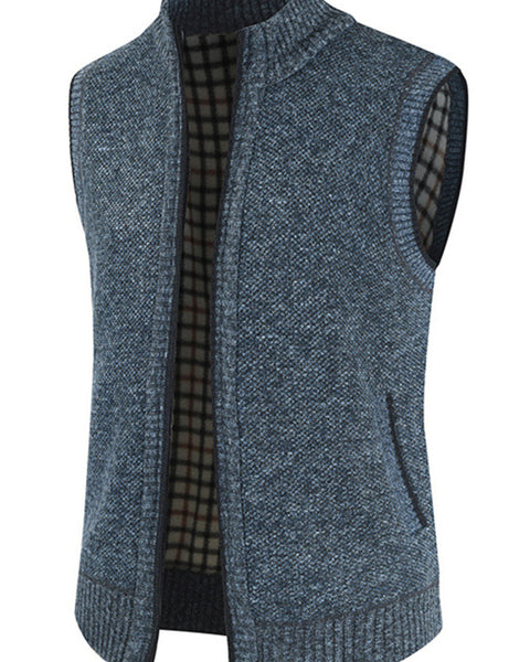Men's Zip Vest Solid Color Stand Collar Sleeveless Knit Cardigan