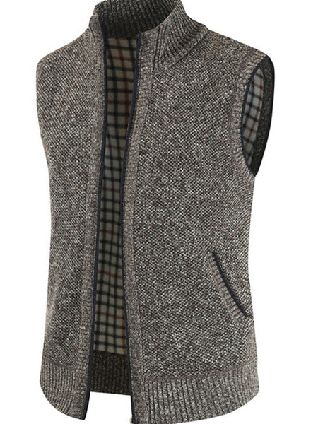 Men's Zip Vest Solid Color Stand Collar Sleeveless Knit Cardigan