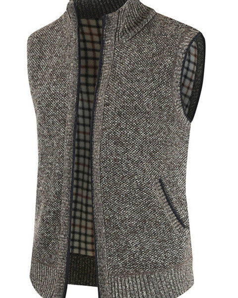 Herren Reißverschlussweste, unifarben, Stehkragen, ärmellose Strickjacke