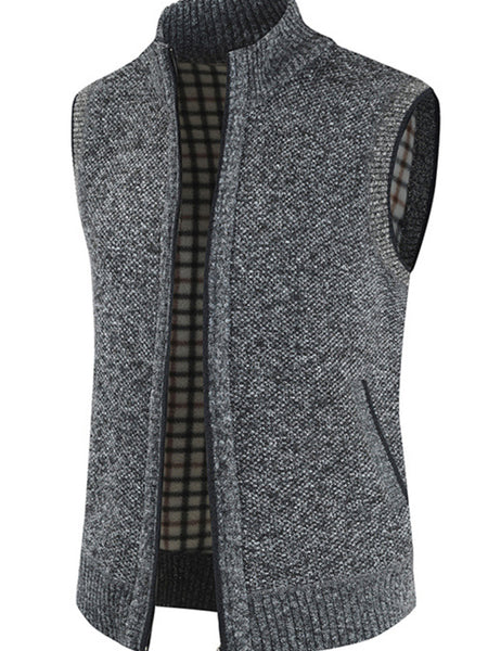 Men's Zip Vest Solid Color Stand Collar Sleeveless Knit Cardigan