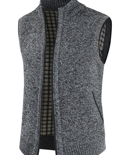 Herren Reißverschlussweste, unifarben, Stehkragen, ärmellose Strickjacke