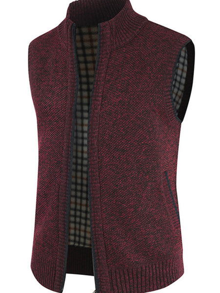 Men's Zip Vest Solid Color Stand Collar Sleeveless Knit Cardigan