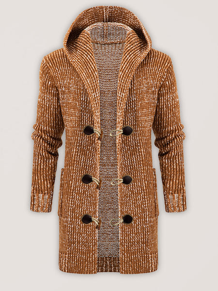 Men's Mid Length Hooded Knit Cardigan Horn Buckle Hooded Long Sweater