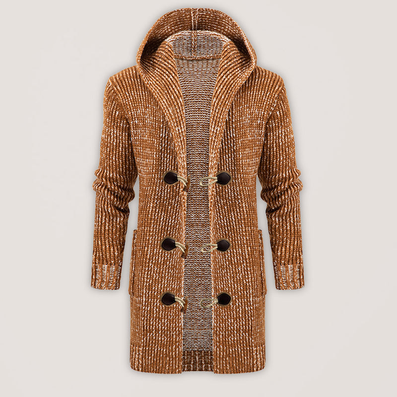 Emilian Laurent — Men's Mid Length Hooded Knit Cardigan Horn Buckle Hooded Long Sweater