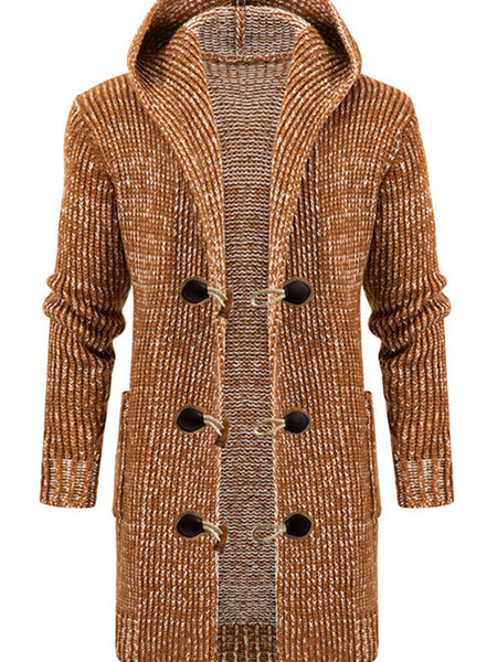 Men's Mid Length Hooded Knit Cardigan Horn Buckle Hooded Long Sweater