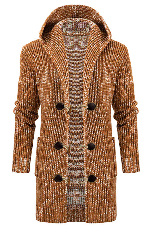 Emilian Laurent — Men's Mid Length Hooded Knit Cardigan Horn Buckle Hooded Long Sweater, alternate view 2