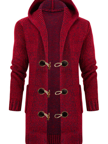 Men's Mid Length Hooded Knit Cardigan Horn Buckle Hooded Long Sweater