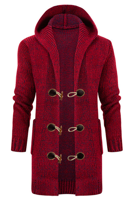 Emilian Laurent — Men's Mid Length Hooded Knit Cardigan Horn Buckle Hooded Long Sweater, alternate view 3