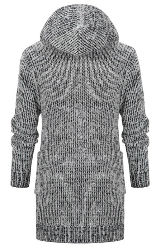 Emilian Laurent — Men's Mid Length Hooded Knit Cardigan Horn Buckle Hooded Long Sweater, alternate view 6