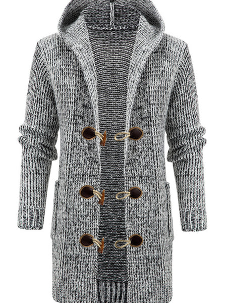Men's Mid Length Hooded Knit Cardigan Horn Buckle Hooded Long Sweater