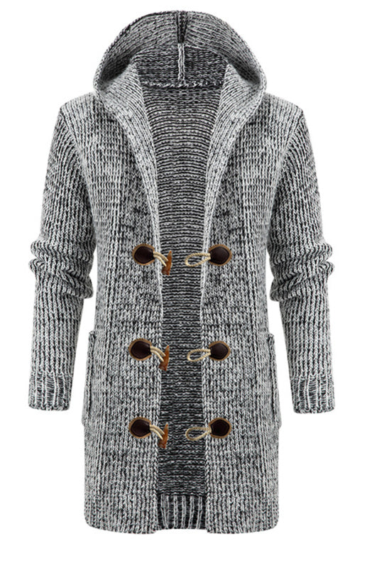 Emilian Laurent — Men's Mid Length Hooded Knit Cardigan Horn Buckle Hooded Long Sweater, alternate view 7