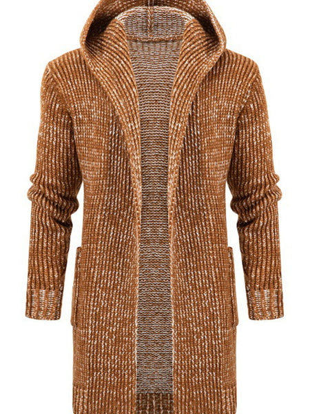 Men's Mid Length Hooded Knit Cardigan Horn Buckle Hooded Long Sweater