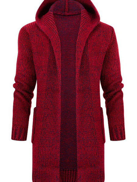 Men's Mid Length Hooded Knit Cardigan Horn Buckle Hooded Long Sweater