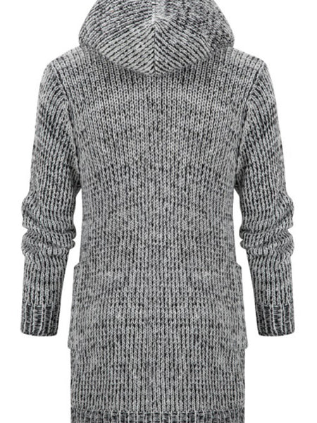 Men's Mid Length Hooded Knit Cardigan Horn Buckle Hooded Long Sweater
