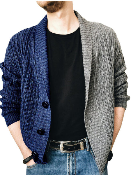 Men's Two Tone Patchwork Single Breasted Long Sleeve Sweater Cardigan