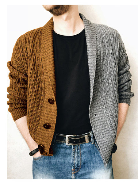Men's Two Tone Patchwork Single Breasted Long Sleeve Sweater Cardigan