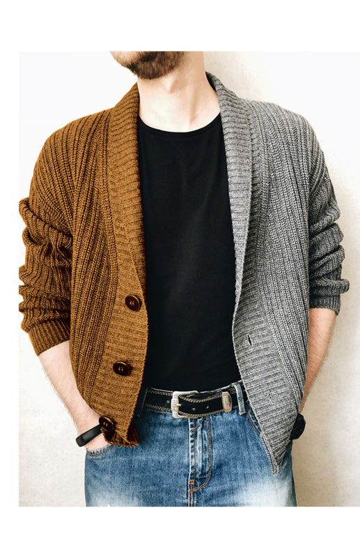 Maximilian Laurent — Men's Two Tone Patchwork Single Breasted Long Sleeve Sweater Cardigan, alternate view 4