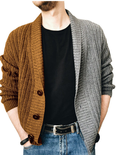 Men's Two Tone Patchwork Single Breasted Long Sleeve Sweater Cardigan