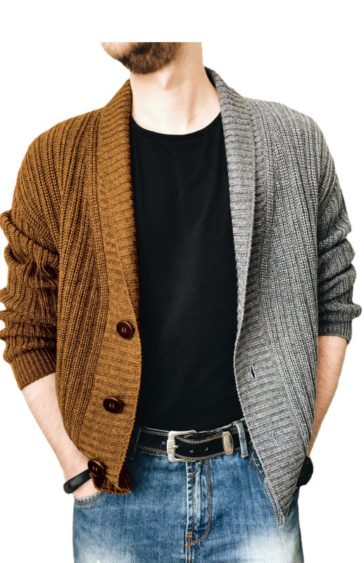 Maximilian Laurent — Men's Two Tone Patchwork Single Breasted Long Sleeve Sweater Cardigan, alternate view 5