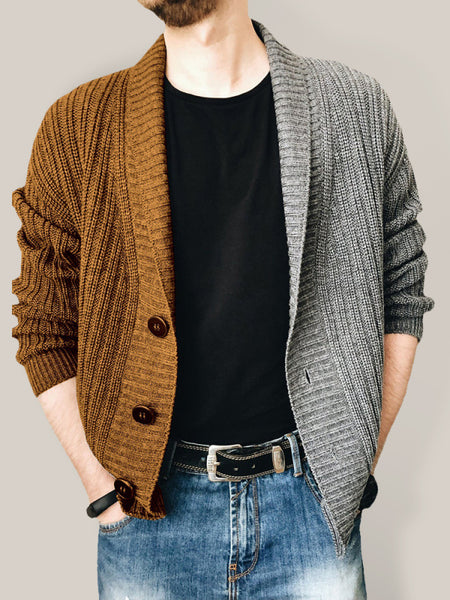 Men's Two Tone Patchwork Single Breasted Long Sleeve Sweater Cardigan