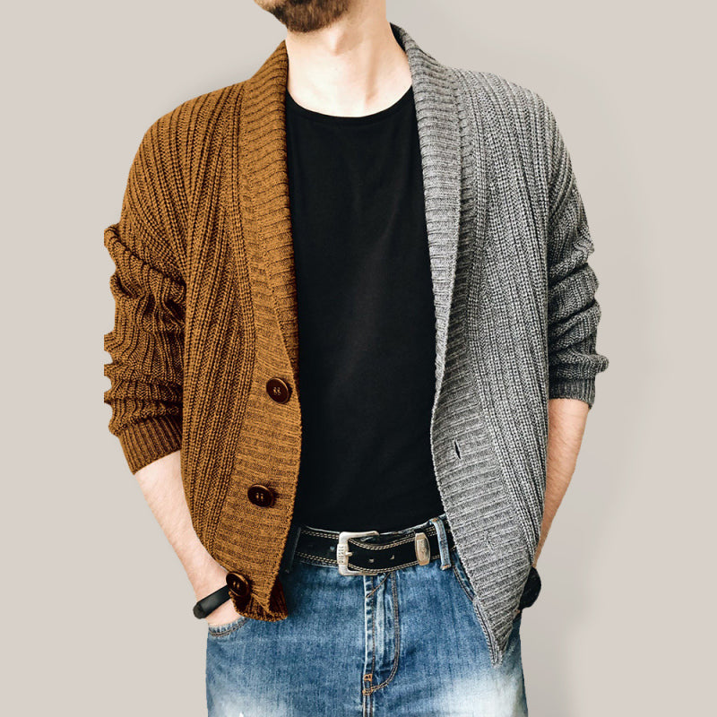 Maximilian Laurent — Men's Two Tone Patchwork Single Breasted Long Sleeve Sweater Cardigan, alternate view 3