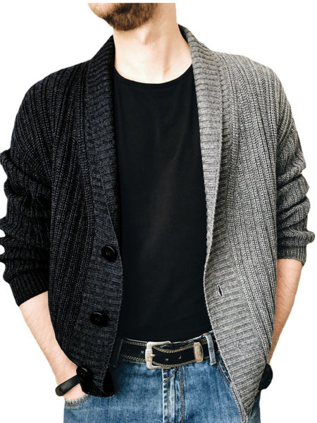Men's Two Tone Patchwork Single Breasted Long Sleeve Sweater Cardigan