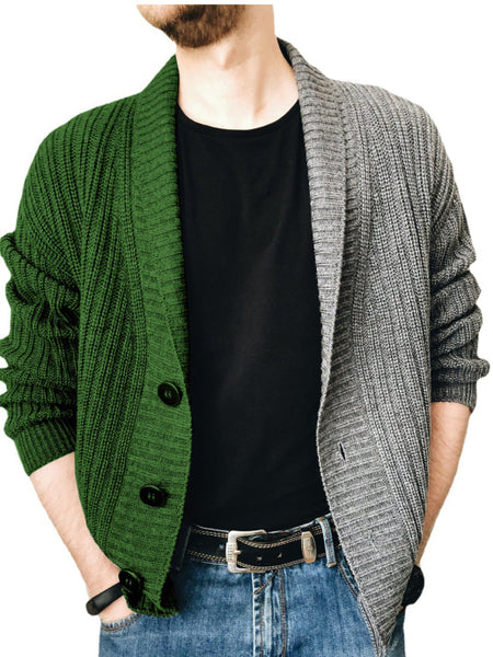 Men's Two Tone Patchwork Single Breasted Long Sleeve Sweater Cardigan