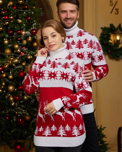 High Neck Christmas Theme Jacquard Couple Long Sleeve Sweater