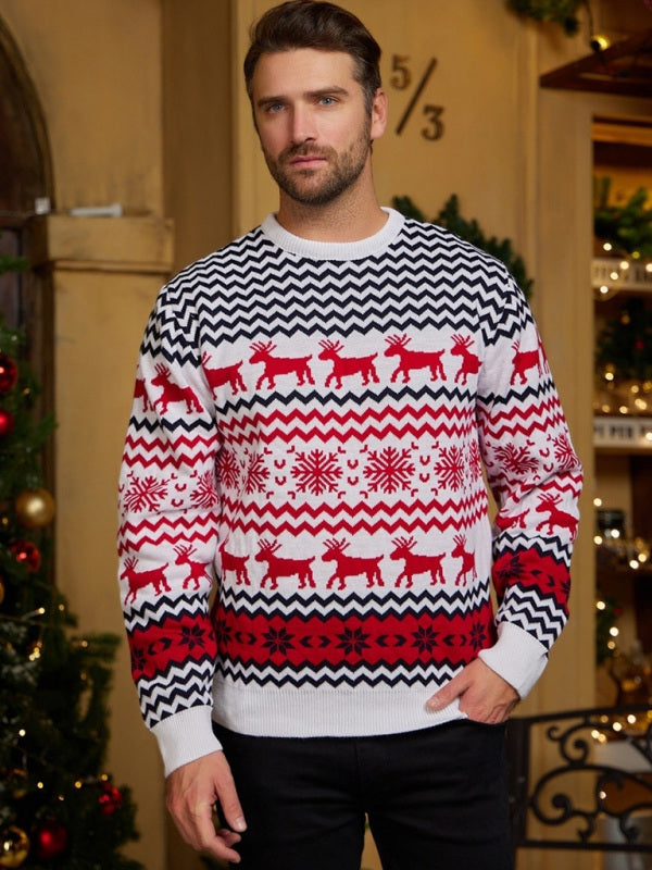 Emilian Beaumont — Men's Christmas Crew Neck Elk Jacquard Long Sleeve Sweater