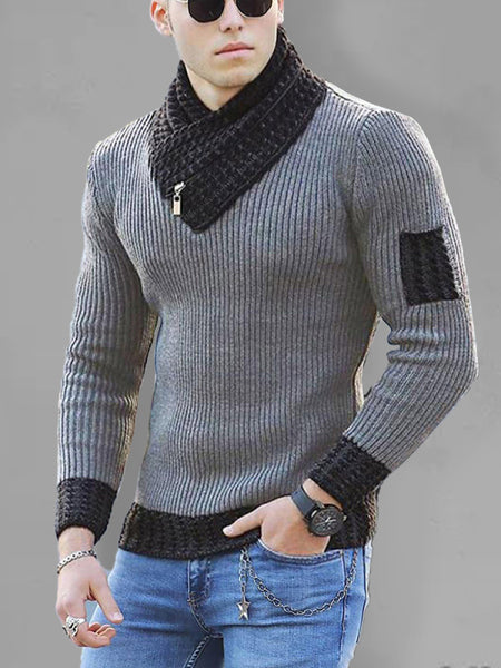 British Plus Size Men's Sweater Pullover Long Sleeve Scarf Turtleneck Men's Knitwear