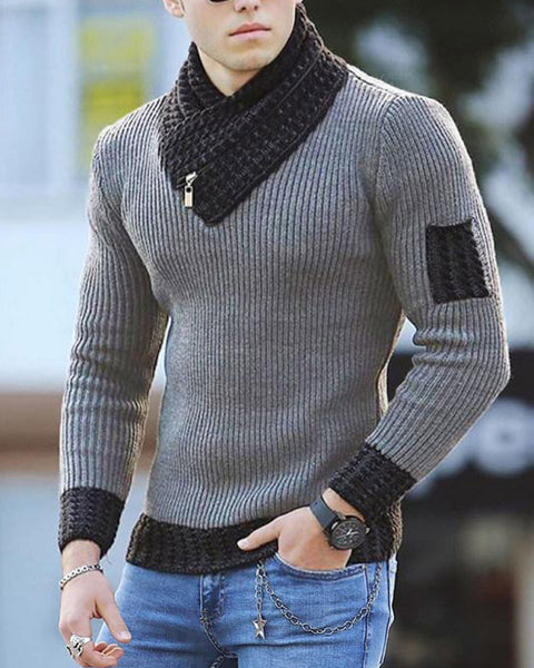 British Plus Size Men's Sweater Pullover Long Sleeve Scarf Turtleneck Men's Knitwear