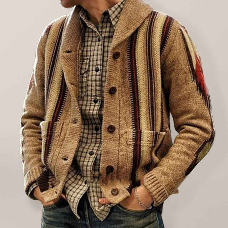 Aster Valmont — Autumn and winter long sleeve jacquard sweater lapel outer wear sweater jacket men