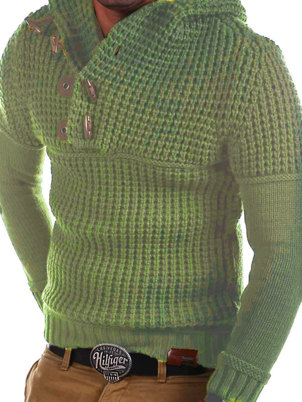 Gideon Beaumont — Men's Solid Color Lapel Collar Diagonal Button Horn Button Pullover Sweater, alternate view 3