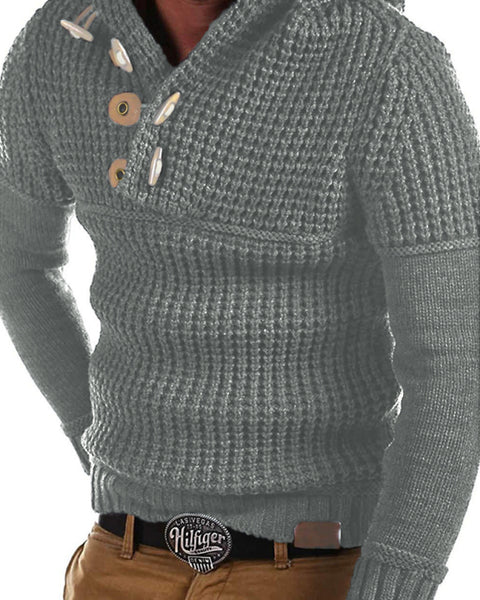 Men's Solid Color Lapel Collar Diagonal Button Horn Button Pullover Sweater