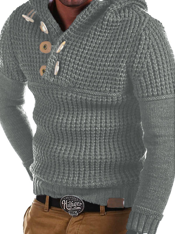 Gideon Beaumont — Men's Solid Color Lapel Collar Diagonal Button Horn Button Pullover Sweater, alternate view 2