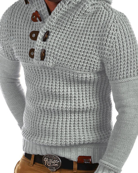 Men's Solid Color Lapel Collar Diagonal Button Horn Button Pullover Sweater