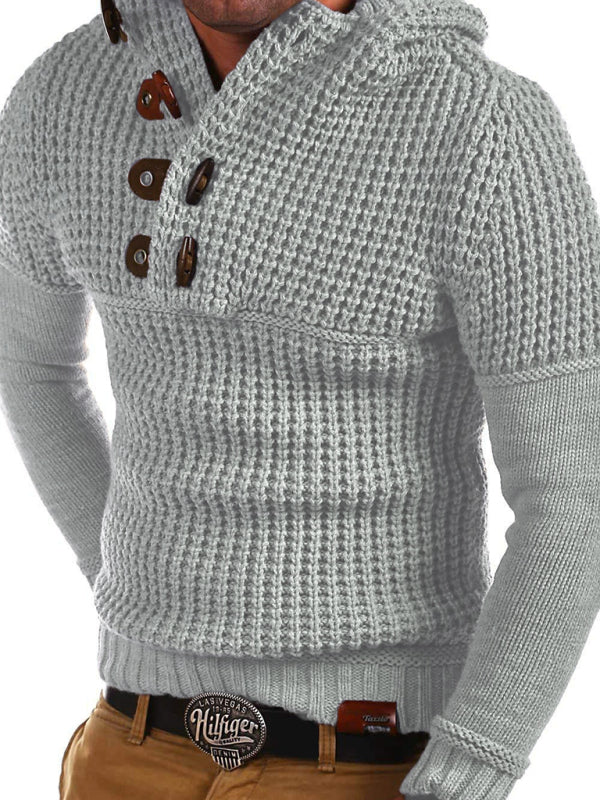 Gideon Beaumont — Men's Solid Color Lapel Collar Diagonal Button Horn Button Pullover Sweater