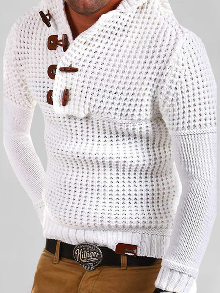 Men's Solid Color Lapel Collar Diagonal Button Horn Button Pullover Sweater