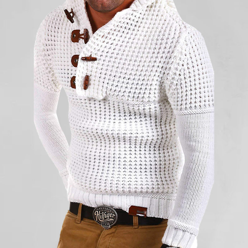 Gideon Beaumont — Men's Solid Color Lapel Collar Diagonal Button Horn Button Pullover Sweater, alternate view 4