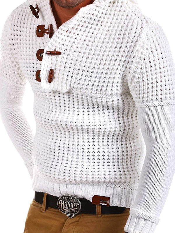 Gideon Beaumont — Men's Solid Color Lapel Collar Diagonal Button Horn Button Pullover Sweater, alternate view 5