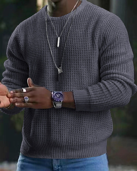 Theodore Beaumont — New men's solid color waffle all-match thin round neck long-sleeved sweater, alternate view 10