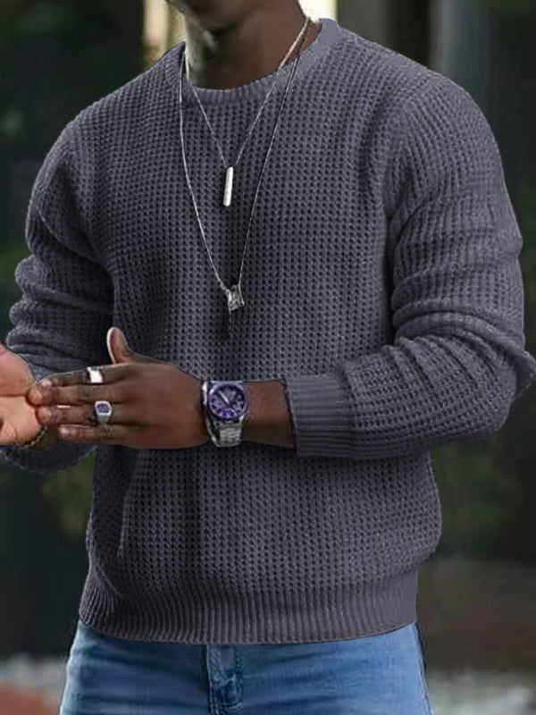 Theodore Beaumont — New men's solid color waffle all-match thin round neck long-sleeved sweater, alternate view 10