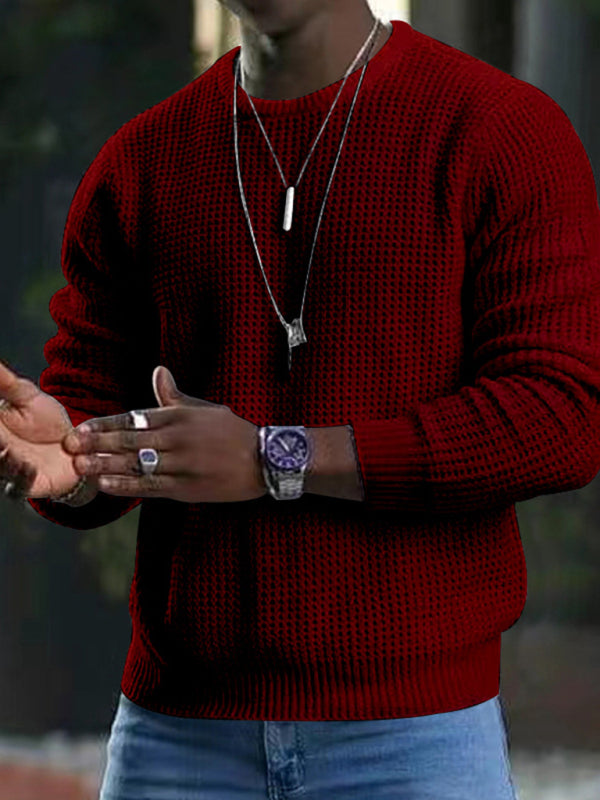 Theodore Beaumont — New men's solid color waffle all-match thin round neck long-sleeved sweater, alternate view 17