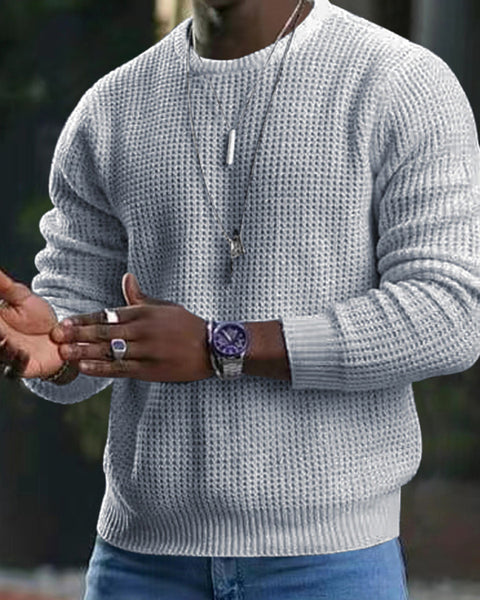 New men's solid color waffle all-match thin round neck long-sleeved sweater