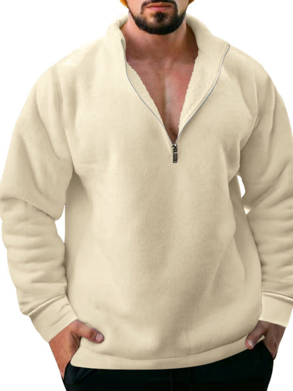 Valentin Beaumont — men's fleece stand collar loose casual half zipper solid color hoodie, alternate view 7