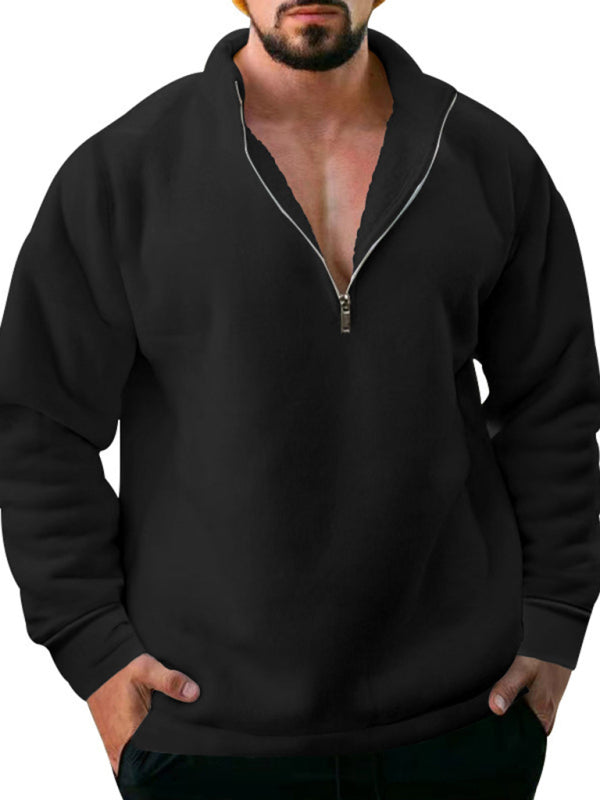 Valentin Beaumont — men's fleece stand collar loose casual half zipper solid color hoodie, alternate view 19