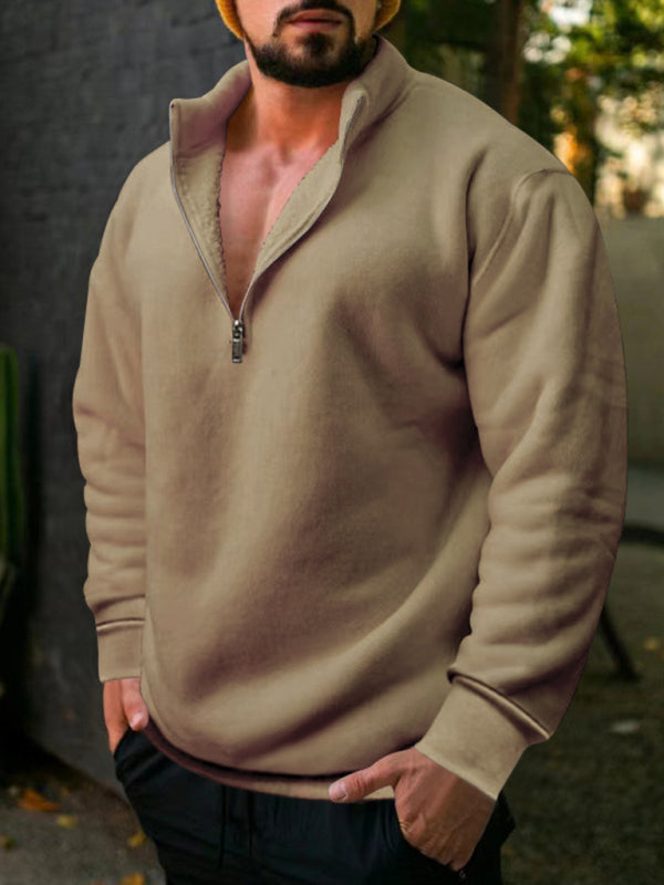 Valentin Beaumont — men's fleece stand collar loose casual half zipper solid color hoodie, alternate view 24